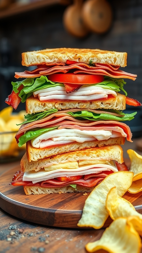 A triple-decker club sandwich with bacon, turkey, lettuce, and tomato, served with potato chips.